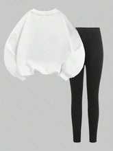 2Pcs Set Casual Simple Loose Round Neck Sweatshirt And Tight Legging Pants
